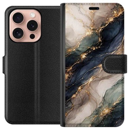 Yhteensopiva Lompakkokotelo Apple Apple iPhone 16 Pro Ylellinen abstrakti marmoritaide mustalla, valkoisella ja kullalla elegantteine linjoineen, eksk