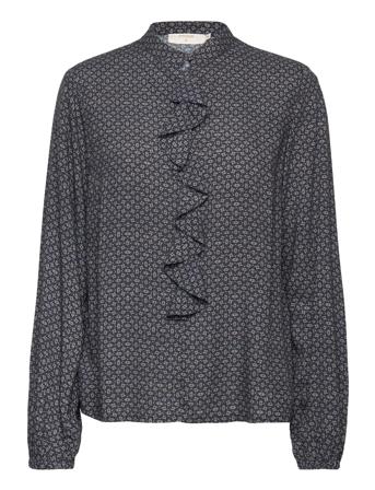 Crtiah Flounce Blouse Bluse Langermet Marineblå Cream*Betinget Tilbud