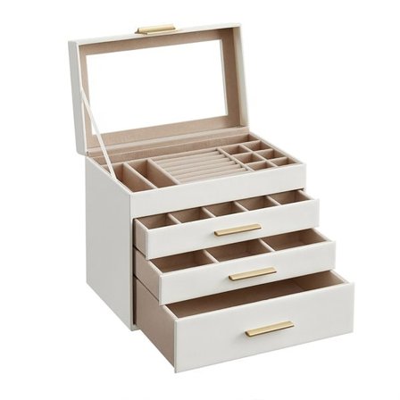 Smykkeskrin med glaslåg og 3 skuffer - Hvid/guld