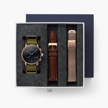 Nordgreen Minimalistist Large Wrist Watch Men's Scandinavian Wrist Watch - Black Dial - Rose Gold Case - Olive Green Nylon / Brown Leather / Rose Gold