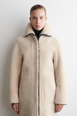 COS Women's Leather-Trimmed Shearling Long Coat in White