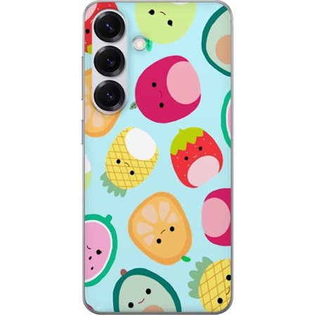 Kompatibel Mobilcover til Samsung Galaxy S25 Mønster af kawaii frugter som jordbær citron ananas og avocado på lyseblå baggrund