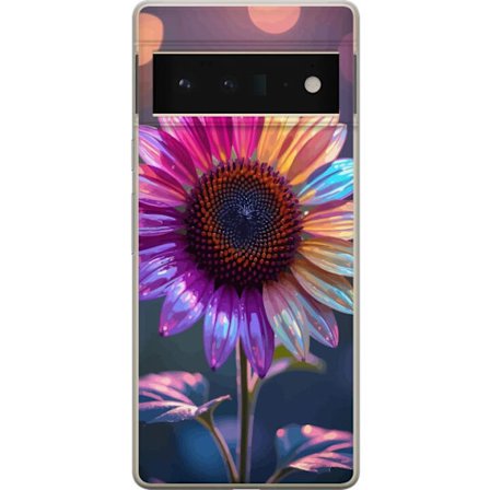 Kompatibelt Mobildeksel til Google Pixel 6 Pro Irideserende blomst med glitrende kronblad i rosa lilla og gull mot myk bokeh bakgrunn