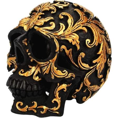 CDQ Kraniefigur Harts Dekorativ Halloween-skulptur Staty Heminredning (sort og guld)
