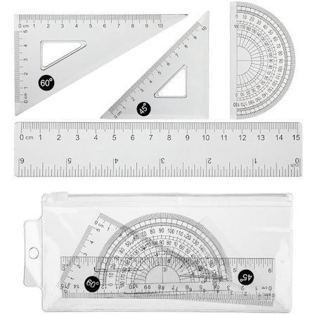 Klar 15 cm lineal med vinkelmåler - Lille matematik sæt til skole og kontor - Inkluderer trekant lineal - Let at bære geometriværktøjer