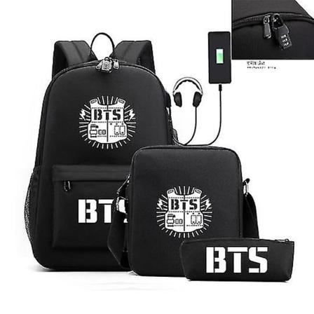 Bts Youth League med samme stil herre- og dameryggsekk USB-lading Student skolesekk Skulderveske Blyantveske Tredelt sett- Perfet black