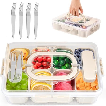 Snackskål med låg, snackboks med 8 rum, 6 gafler, madpakkeskåle, krukke, børneorganisator, beholder, snackbeholder, genanvendelig beholder