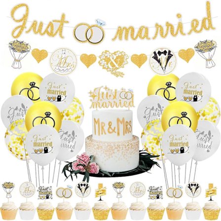 Vasta avioituneiden juhlakoristeet hääkoristesarjat, sisältää Garland White Gold Diamond Ring -bannerin, ilmapallon, kakun koristeen, cupcake-