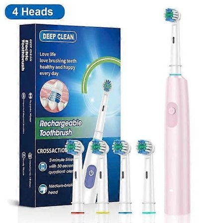 Elektrisk tannbørste, roterende, oppladbar for voksne, med 8 myke børstehoder
