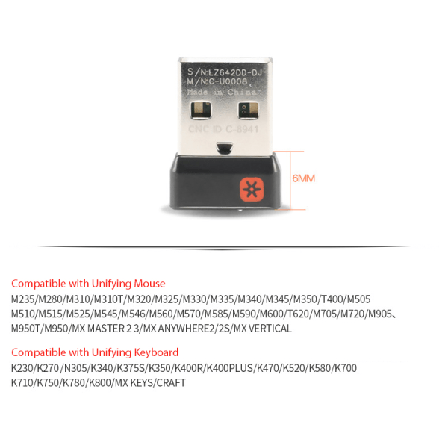 Trådløs Dongle-mottaker Unifying USB-adapter for Logitech PC M Svart 6 kanaler