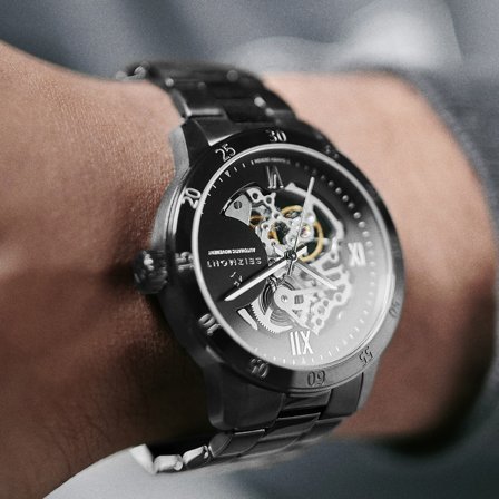Dante II | Black Skeleton Watch with Silver-tone Movement for Men - Skeleton watches