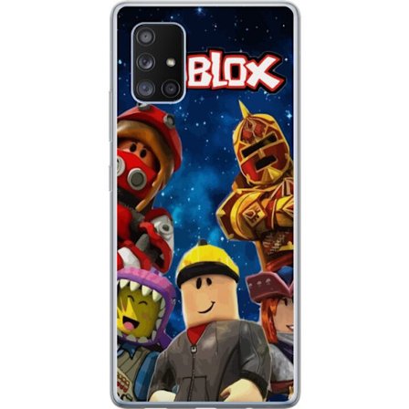 Samsung Galaxy A71 5G Gennemsigtig cover Roblox-helte står foran en stjerneklar rumhimmel med farverige karakterer, der skaber energi, eventyr og spi