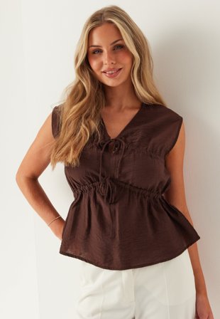 BUBBLEROOM - Viscose Tie Detail Blouse - Brown