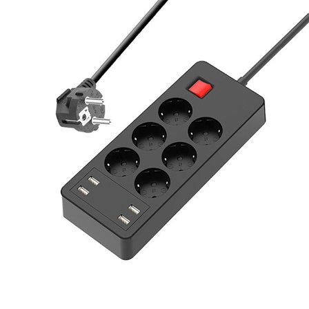 Multifunktionellt överspänningsskydd med 6 uttag och 4 USB-portar, grenuttag med individuell strömbrytare mot överbelastning, 1,5 m svart