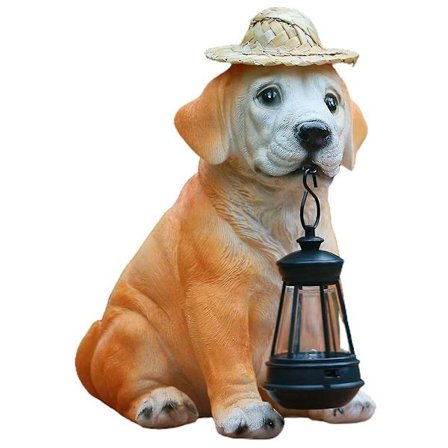 Hagestatuer av hunder - Bedårende hundefigurer i harpiks med stråhatt og solcelledrevet LED-lanterne, valpedekor