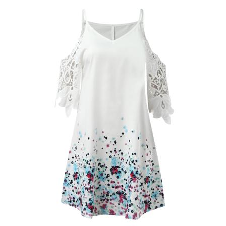 Kvinnor Blommig Printed Spetsklänning Sommar Vintage V-ringad Sling Off
