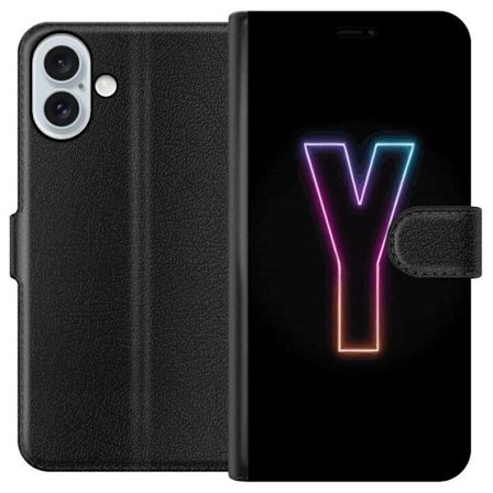 Yhteensopiva Lompakkokotelo Apple Apple iPhone 16 Plus Minimalistinen neonkirjain Y värinvaihtuvassa valossa mustaa taustaa vasten