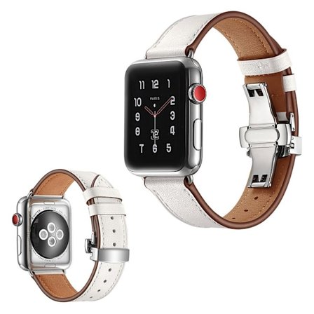 Apple Watch Series 5 44 mm hållbart klockarmband i äkta läder - Silverspänne / Vit