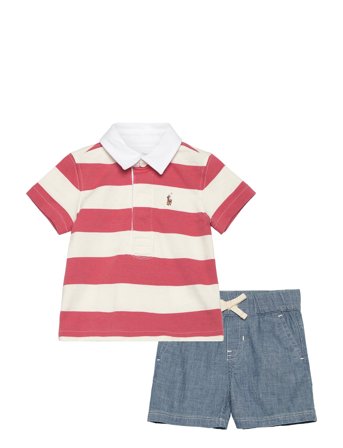 Striped Rugby Shirt & Chambray Short Set Red Ralph Lauren Baby