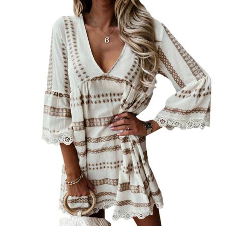 Kort Damklänning Boho Oversized Storlek V-formad Krage Bred Sl