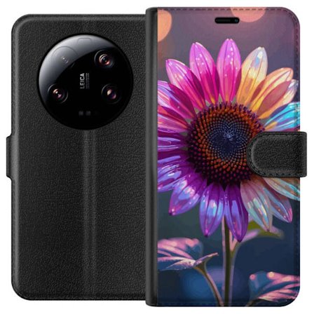 Kompatibelt Lommeboketui til Xiaomi 13 Ultra Irideserende blomst med glitrende kronblad i rosa lilla og gull mot myk bokeh bakgrunn