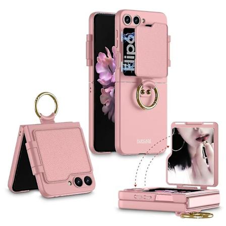 Til Samsung Galaxy Z Flip 6 Etui, Ultra Tyndt Slim PC Stødsikkert Cover med Magnetisk Makeup Spejl Kamera Linse Beskyttelse & Ring Pink