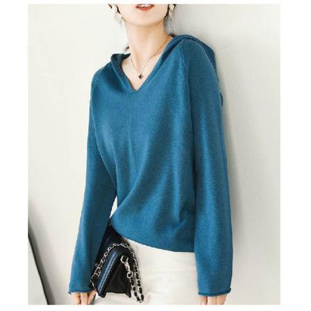 Dam flickor Stickat tröja löst sittande V-ringad Långärmad tröja Huva Ytterkläder Blue M