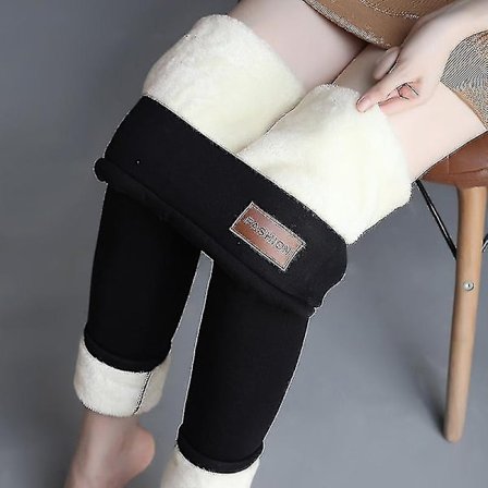 Vinter-sherpa-fleece-forede leggings til kvinder, høj talje, tykke kashmir leggings Plys varme termiske - Perfet Sort