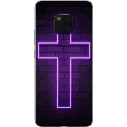 Yhteensopiva Puhelinkuori Huawei Huawei Mate 20 Pro Neonristi purppuranvalossa tummaa tiiliseinää vasten, symbolinen motiivi vahvalla hohto moderni