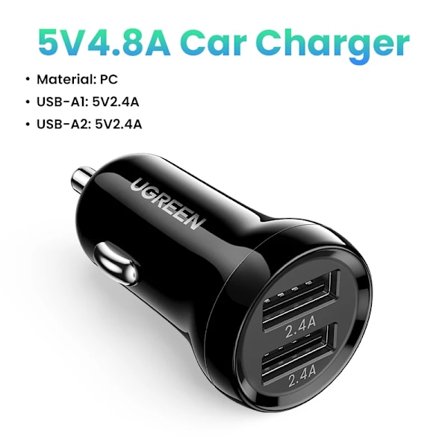 UGREEN Mini 4.8A USB-billaddare för mobiltelefon surfplatta GPS snabbladdare billaddare dubbla USB-billaddare adapter i bilen