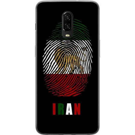 Kompatibelt Mobildeksel til OnePlus 6T Fingeravtrykkformat som Irans flagg med løvemotiv på svart dramatisk bakgrunn
