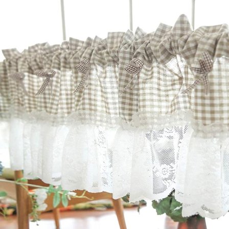 Genomskinliga gardiner, gardinlängder i lantlig stil, korta rutiga fönsterbehandlingar i bomull