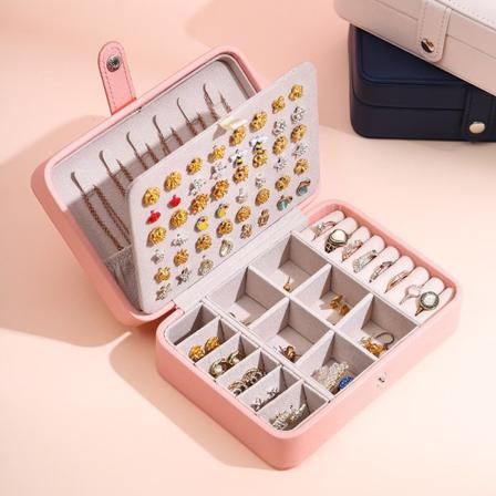 Modeknapp PU-läder smycken förvaringsbox tillbehör pink