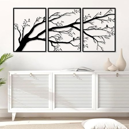 Sett med 3 store Livets tre, metallveggdekor, treskilt, fugler på gren, metallsculptur for hjem, hage, kontor, innendørs og