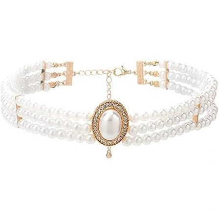 Helminauha, jossa useita rivejä simuloituja helmiä, 1920-luvun Charleston-tyylinen kaulakoru, kimaltava strassihelmillä koristeltu choker