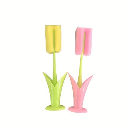 [2 stk. tulipankopbørste] 1/2 stk. genanvendelig kopbørste med langt håndtag og aftageligt svampehoved | Tulipandesignet flaske- og 