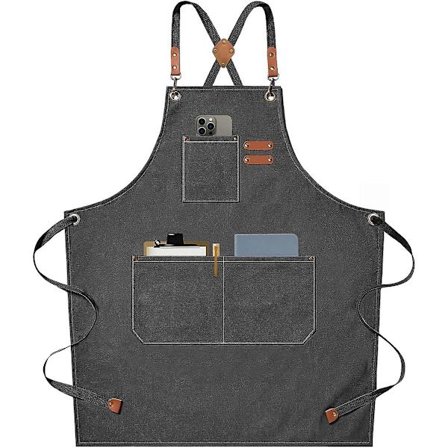 Forkle for menn og kvinner med store lommer, bomullslerret kryssrygg tungt arbeidssmekke, størrelse M til XXL (grå) (FMY)