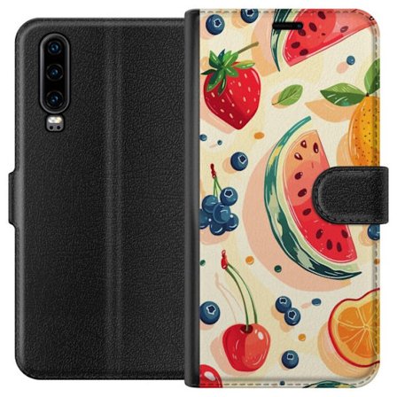 Kompatibel Tegnebogsetui til Huawei P30 Legesyg frugtillustration med vandmelon, citrus, jordbær, kirsebær og bær