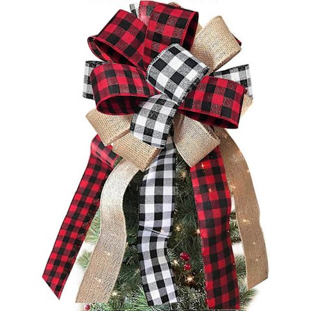 Julgrans Topp - Buffelrutig Röd Svart Burlap Dekorativ Båge - Rustik Bondgård Juldekorationer Heminredning - Handgjord