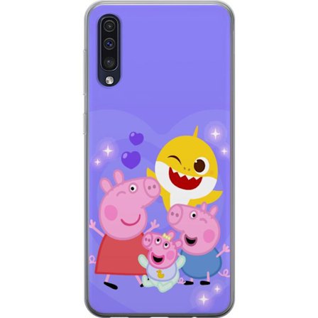 Kompatibelt Mobildeksel til Samsung Galaxy A50 Peppa Gris mønster med hjerter, sommerfugler og venner, lys rosa bakgrunn i myke barneillustrasjoner