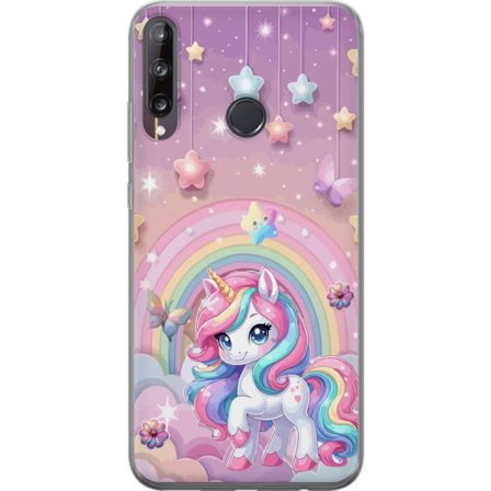 Kompatibel Mobilcover til Huawei P40 lite E Magisk enhjørning med regnbue manke, stjerner og sommerfugle mod en pastelfarvet himmel med skyer
