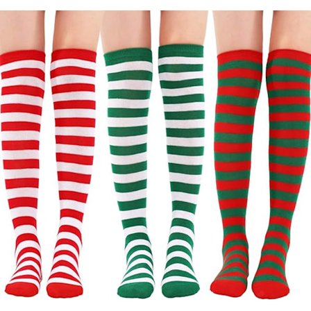 3 Par Jule Stribede Knæstrømper Lange Julestrømper Elf Strømper Rød Grøn Hvid Stribede Strømper til Jul Kvinder Piger Kostume