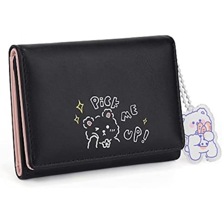 2023 Wallet For Girls Cute Bear Pendant Vegan Leather Card Holder Organizer Trifold Women Purse Black A916-772