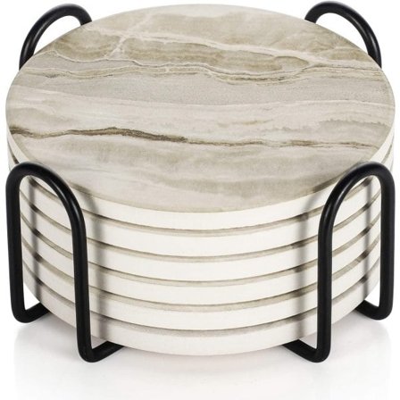 6 kappaletta lasinalusta ja pidike, imukykyiset liukumattomat keraamiset lasinaluset kotiin, kahviloihin ja baareihin - Marmori-kuvioiset lasinaluset