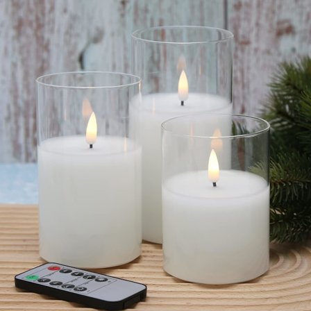 Glas Flammeløse Flimrende Lys med Fjernbetjening, 3 Pakke Realistiske LED Falske Lys Høje 4" 5" 6"