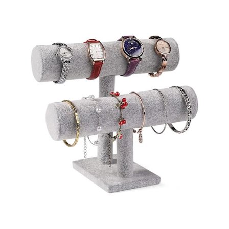 Sammetssmycken Sammetsarmbandsställ Smyckeshållare Klockhållare Watch Kedjor Stativ Armring Display Bar T Bar 2 rullar - ljusgrå