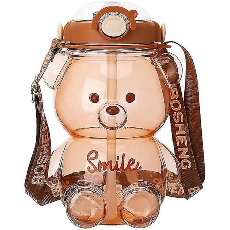 Bjørnevannflaske med sugerør, Kawaii lekkasjesikker vannkrukke med justerbar skulderstropp for camping og reiser