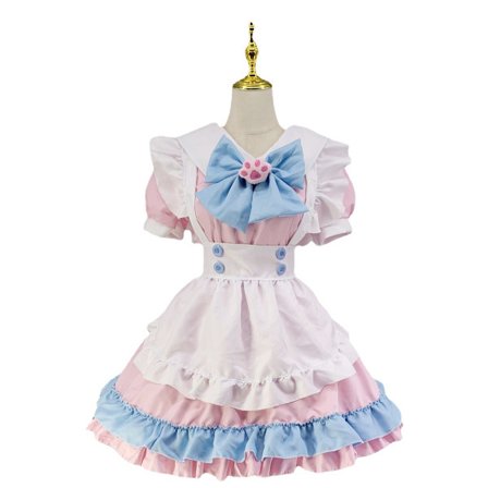 Anime söt piga outfit för flickor kvinnor spets trim förkläde katt tass Lolita klänningar Cosplay full set-M