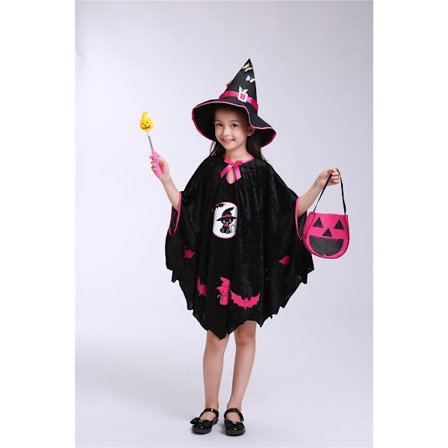 Heks Kostyme for Jenter Svart Katt Trollmann Cosplay Kostyme Sett 3stk Jenter Halloween Karneval Fest Heks Kappe Kjole (Hatt Gresskar Goodie Bag 