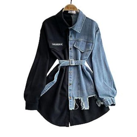 Dam Denim Sömnad Kavajskjorta One Size Lös Kofta Skjortor Lämplig (Svart)